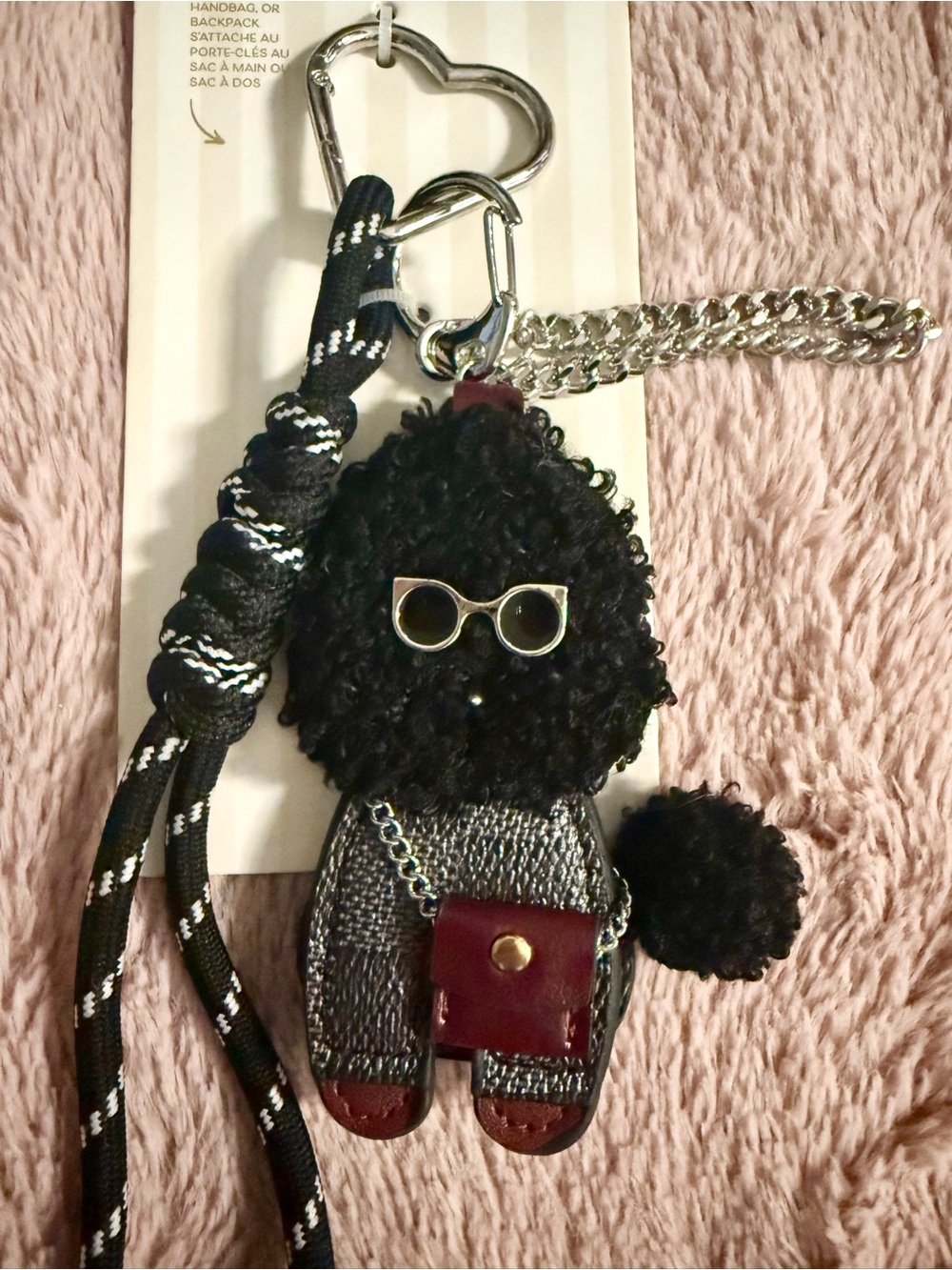 Piper K Black Faux-Fur Pom-Pom Key Charm with Silver Accents